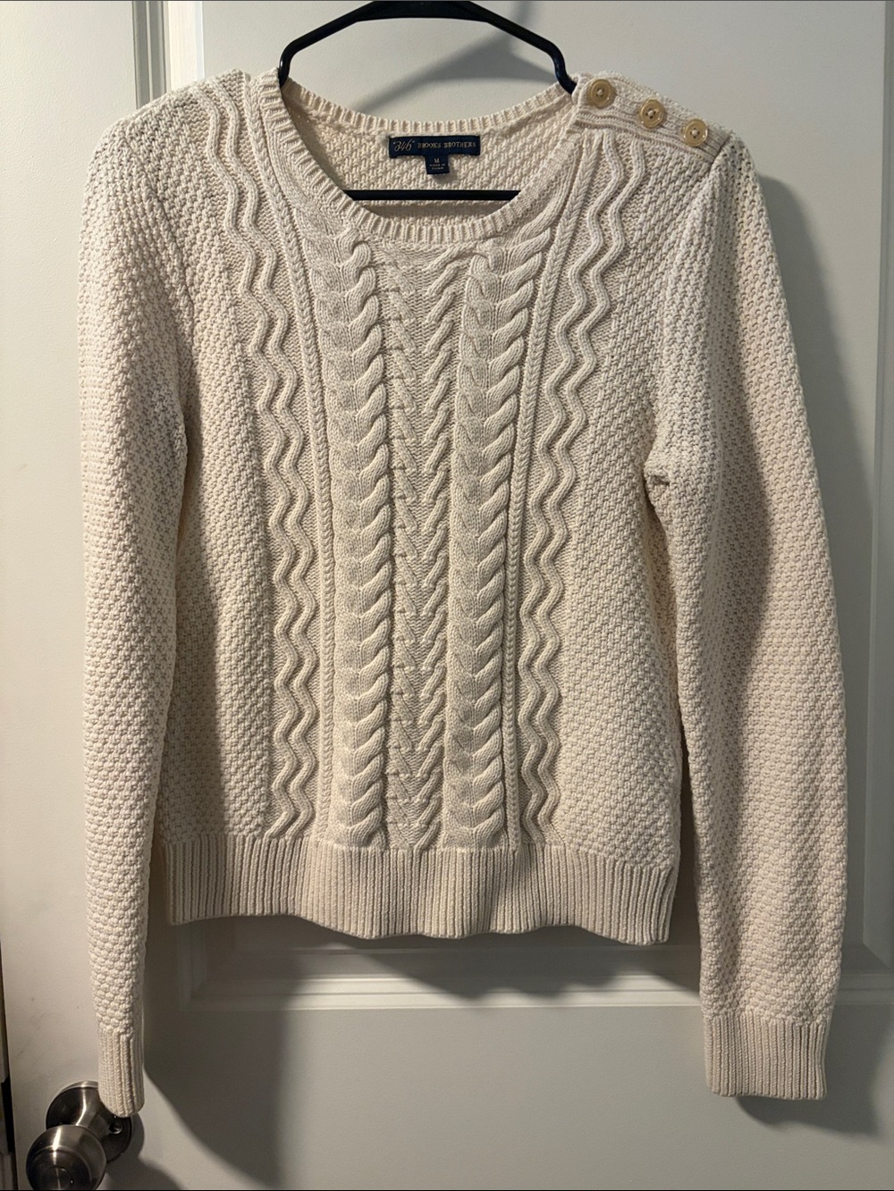 Brooks Brothers Ivory Cable-Knit Crewneck Sweater with Shoulder Buttons
